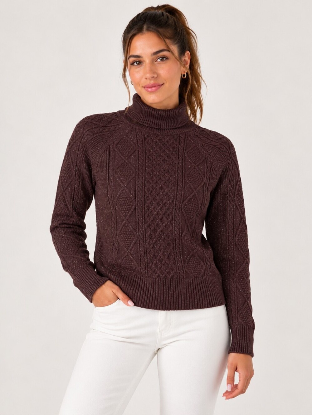 Express Women’s S Brown Metallic Cable Knit Turtleneck Sweater Academia Cottage